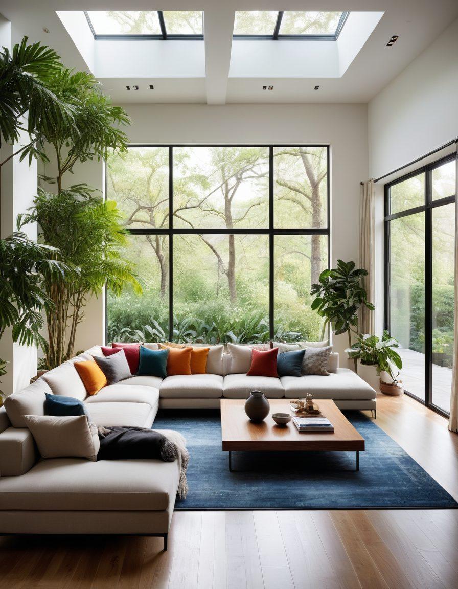 A beautifully designed floor layout showcasing a harmonious blend of functionality and aesthetic appeal. Include sleek furniture arrangements, vibrant plants, and ergonomic spaces that invite comfort and creativity. Natural lighting filters through large windows, illuminating the room with a warm glow. Use a modern, minimalist style to emphasize clarity and organization. super-realistic. vibrant colors. natural light.