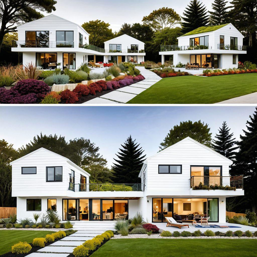 A collage of innovative house designs showcasing diverse architectural styles, including eco-friendly homes, modern minimalistic layouts, and cozy cottages. Each house should be nestled in different picturesque environments, representing various lifestyles like urban living, rural tranquility, and coastal retreats. Bright, inviting colors should be emphasized to evoke a sense of creativity and inspiration. Vibrant illustrations of various outdoor spaces, like gardens and patios, should complement the designs. super-realistic. vibrant colors. white background.