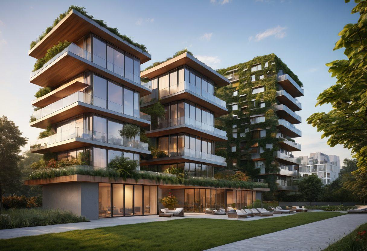 An elegant residential building blending eco-friendly design with luxurious living, featuring solar panels, green rooftops, and floor-to-ceiling windows. Surround the structure with lush landscaping and futuristic sustainable materials. In the background, showcase a vibrant city skyline hinting at modern innovation. Incorporate soft natural lighting that creates an inviting atmosphere. super-realistic. vibrant colors. 3D.